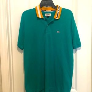 Retro Tommy Jeans by Hilfiger Signature Polo vibrant Teal color & graphics. Sz L